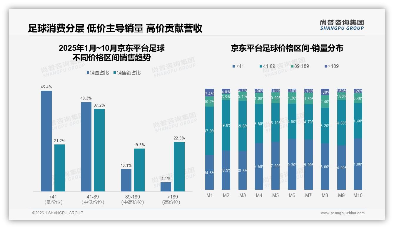 56%足球销量低于41元但仅贡献24%收入，尚普咨询集团品类洞察：中端41-89元是利润金牛-2026年1月-足球-38
